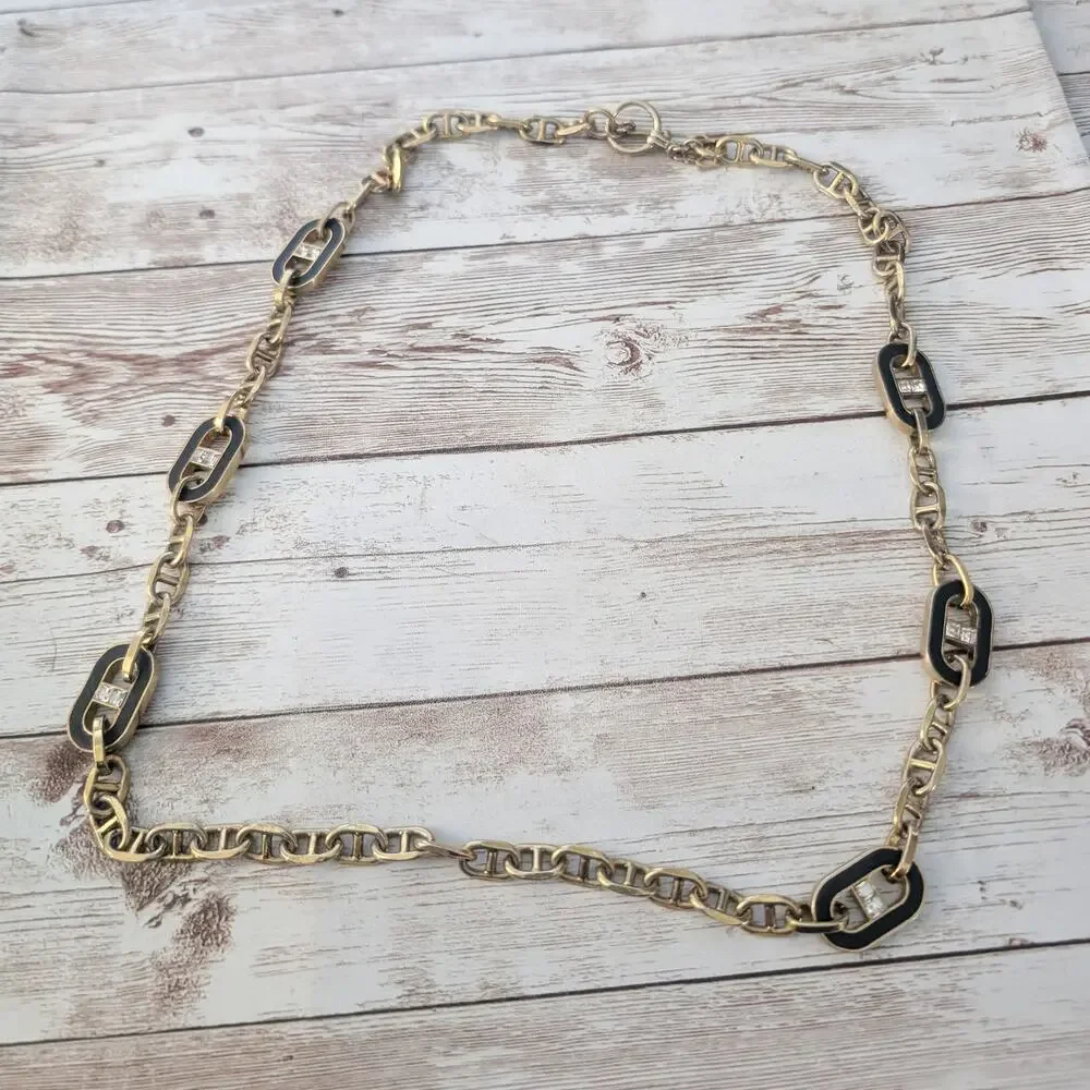 Ann Taylor Necklace Black, Gold Tone, Rhinestone Chunky Long Statement
